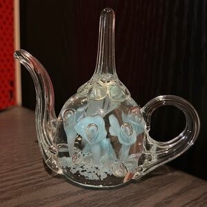 Vintage Hand Blown Glass Blue Floral Tea Pot Figurine/Paperweight